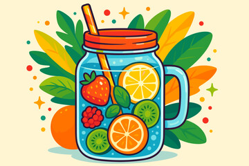 Refreshing Detox Water with Citrus Lemon, Strawberry, Kiwi, Orange, Raspberry and Mint in Mason Jar. Colorful Summer Fruit Beverage. Healthy Drink Vector Cartoon Illustration. Wellness Concept