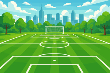 Lush Green Soccer Field with White Boundary Lines in Urban Park, City Skyline Background, Outdoor Football Pitch, Summer Day, Vector Cartoon Illustration, Recreation and Sports Concept
