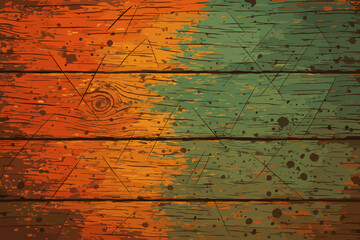 Rustic Grunge Wood Texture Background with Colorful Distressed Planks, Scratches, Paint Stains, Weathered Surface Pattern, Vintage Timber Grain, Old Painted Wooden Board Vector Illustration