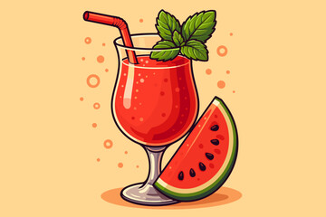 Refreshing Watermelon Juice in Curved Cocktail Glass with Fresh Mint Garnish, Colorful Summer Beverage, Cartoon Vector Illustration with Slice, Healthy Drink, Vibrant Fruit Bar Concept