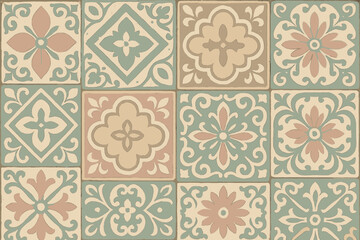 Vintage pastel decorative concrete tiles seamless pattern. Ornate floral geometric motifs. Retro Mediterranean ceramic wall floor design. Elegant vector illustration for backgrounds, interiors, decor