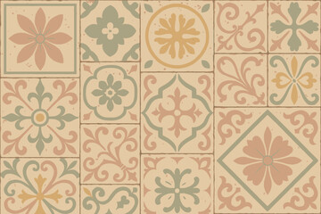 Vintage pastel decorative concrete tiles seamless pattern. Ornate floral geometric motifs, retro Mediterranean ceramic tile background, elegant vector illustration for wall, floor, interior design