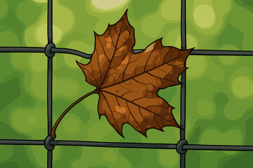 Withered Brown Autumn Leaf Stuck on Wire Fence with Soft Green Blurred Background. Fallen Maple Leaf, Nature Contrast, Seasonal Change, Outdoors, Vector Cartoon Illustration, No Text