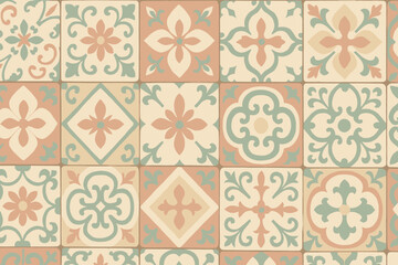 Vintage pastel decorative concrete tile seamless pattern. Ornate floral geometric motifs, retro Mediterranean mosaic, Spanish Portuguese ceramic, vector background, interior wall floor design