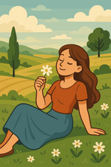 Young woman relaxing on grassy field with white daisy flower, countryside landscape background, peaceful nature, summer day, sitting in wildflower meadow, rural outdoor leisure, vector illustration