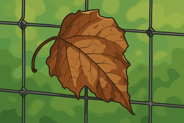 Autumn withered brown leaf stuck on wire fence, detailed vector illustration, fall season nature, dry foliage, contrast with blurred green background, environmental change, no text