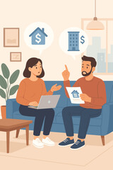 Young couple discussing home ownership versus renting, making financial decisions about real estate, comparing mortgage and rent options, modern apartment living, vector illustration, interior scene