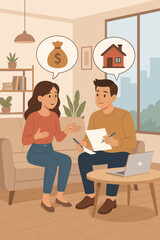 Young couple discussing home buying, mortgage options, financial planning, rent versus own, apartment interior, real estate investment, modern living, decision making, paperwork, meeting, consultation