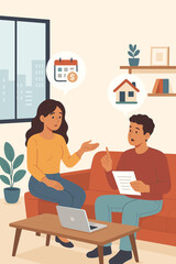 Young couple discussing home loan, rent payment, mortgage options, financial planning, real estate investment, apartment living, decision making, modern interior, vector illustration