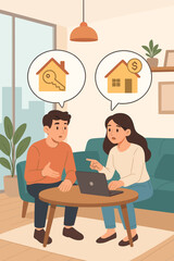 Young couple discussing home buying, renting, mortgage and real estate investment options in modern apartment interior, decision making, property search, financial planning, vector illustration