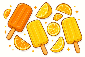 Vibrant citrus popsicles with orange and lemon slices. Refreshing summer ice cream bars. Bright cartoon vector illustration. Sweet fruity cold desserts on white background for food design