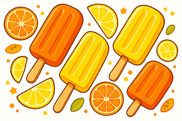 Bright citrus orange and lemon popsicles with juicy fruit slices. Summer dessert, sweet treat, refreshing snack. Colorful vector cartoon, seamless pattern on white background. Vibrant illustration