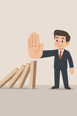 Businessman stopping the domino effect. Concept for crisis management, risk prevention, and business intervention. Metaphor for leadership, strategy, problem solving and solution.