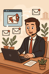 Email campaign manager working on a laptop in an office. Digital marketing specialist sending promotional newsletters. Business communication and customer relationship management concept.