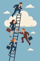 Climbing the corporate ladder metaphor with business people. Career growth, competition, and ambition concept. Professional development, promotion race, and overcoming challenges for success.