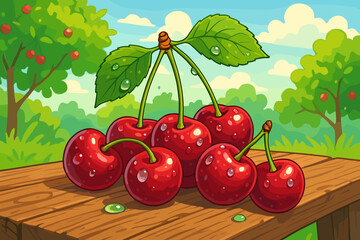 Fresh dewy red cherries on a wooden table. Vector cartoon illustration of a summer fruit harvest in an orchard. Healthy organic food concept with a natural landscape background.