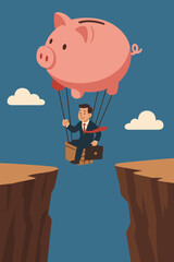 Businessman Flying Over Dangerous Cliff Gap in Hot Air Balloon with Large Pink Piggy Bank Balloon Symbolizing Financial Journey, Investment Risk, Wealth Growth, Economic Challenge Concept