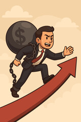 Businessman carries heavy debt burden, a money bag with dollar sign chained to him. Entrepreneur climbing a red growth arrow. Concept of financial struggle, loan, investment risk.