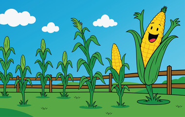 Cartoon Cornfield with Smiling Corn Character Vector Farm Scene Illustration