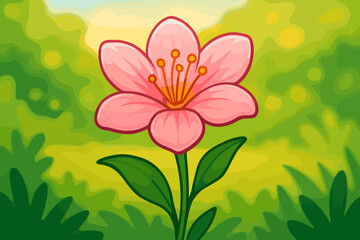 Cute pink flower cartoon vector. Simple single blossom with leaves on a blurred nature background. Floral design for spring or summer. Isolated botanical plant graphic for garden themes.