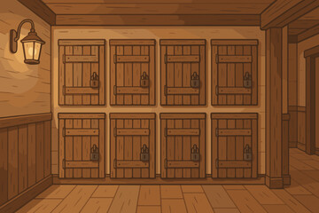 Old wooden storage lockers with padlocks in a rustic room with a lantern. Vector background for a fantasy game, dungeon, or escape room. Concept of mystery and security.