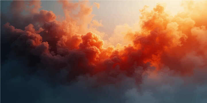 Dramatic orange and red clouds paint the sky over a dark forest, a fiery sunset embracing nature's stormy beauty