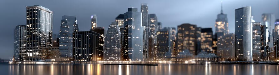 Naklejka premium City skyline showcases towering skyscrapers glowing against a dark blue sky, capturing the vibrant atmosphere of nightlife