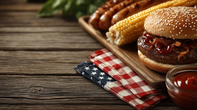 Grilled hamburger with ketchup and fried onion on sesame bun served with corn and sausage on wooden board over patriotic napkin