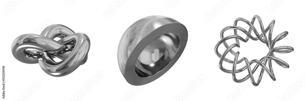 Poster 3d chrome metallic abstract shape objects, 3d rendering steel gradient shape design element, futuris