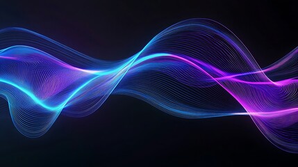 Abstract neon blue and purple wave lines flowing smoothly over a deep black background for futuristic designs.