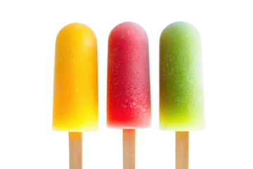 Three colorful frozen popsicles on wooden sticks against ice pop frozen treat