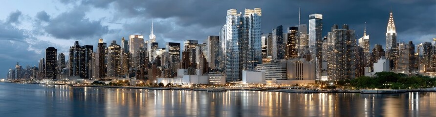 Fototapeta premium Skyscrapers glow under a dark purple sky, highlighting the vibrant nightlife and urban energy of the bustling city after sunset