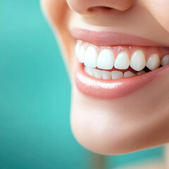 Obraz premium smile with perfect white teeth against blurred teal