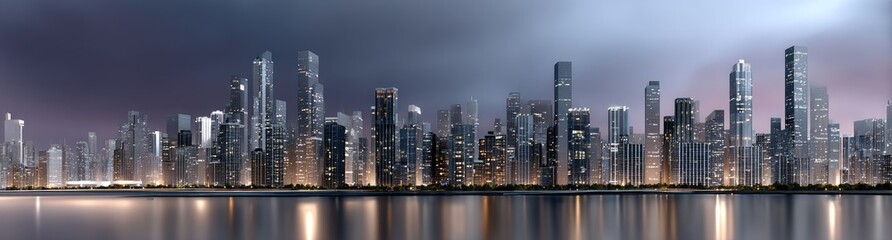 Fototapeta premium Vibrant lights of Brooklyn's skyline shine brightly under a dark purple sky, showcasing the city's iconic skyscrapers at night