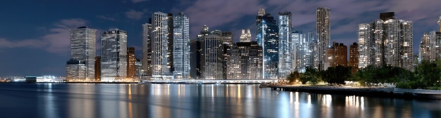 Obraz premium Vibrant lights of Brooklyn's skyline shine brightly under a dark purple sky, showcasing the city's iconic skyscrapers at night