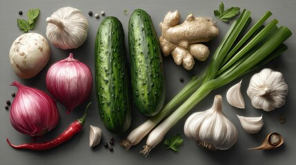 Various fresh vegetables and ingredients like cucumber, garlic, ginger, and green onions for Korean kimchi