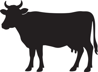 Black Silhouette of a Side-View Cow with Horns and Udder, Isolated on a White Background