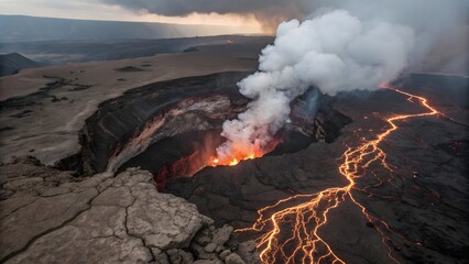 Active Volcano Erupting Lava Flow and Plume in Dramatic Landscape