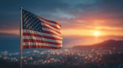 American flag waving in the wind with golden sunset over city landscape in background symbolizing freedom pride and Independence Day spirit