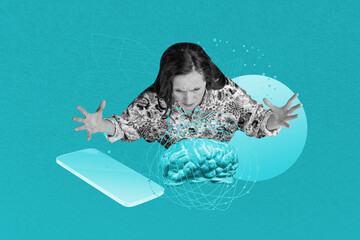 Composite art 3d creative image collage of happy businesswoman stand brain organ artificial intelligence app phone screen freelance