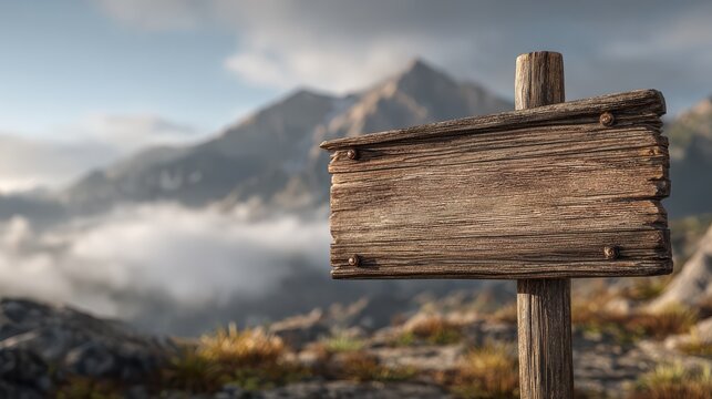 Fototapeta Wooden sign post isolated on village path with white clouds and mountain Direction concept. Mock up, template