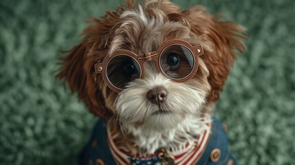 Adorable fluffy dog wearing round sunglasses and patriotic outfit with curious expression sitting on green textured surface