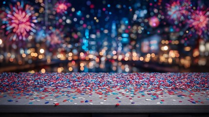 Red white and blue confetti scattered on surface with blurred fireworks and city lights in background for festive patriotic celebration