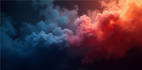 Naklejka premium Explosion of fire and smoke against a dramatic blue sky with dark, cumulus clouds