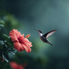 Fototapeta premium Hummingbird in flight, approaching a vibrant hibiscus flower. Symbolizes nature, beauty, speed, and delicate balance. Ideal for wildlife, conservation, or ethereal themes.