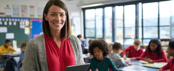 The teacher engaging students with technology in a vibrant classroom setting.
