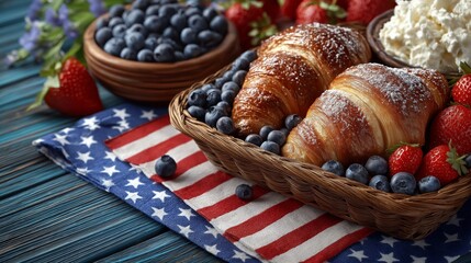Golden croissants with fresh blueberry and strawberry served on patriotic napkin, showcasing American-style breakfast presentation