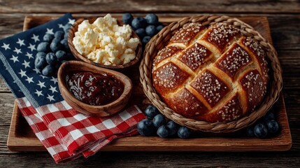Sweet braided bread with coarse sugar crust and blueberry served on rustic tray with patriotic napkin for American-style breakfast theme