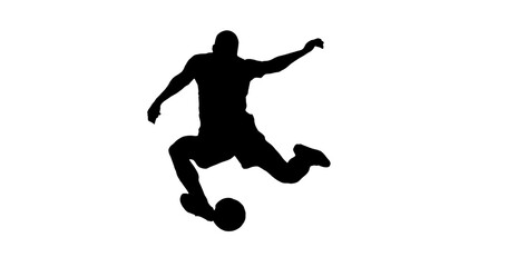 Silhouette of male football player kicking ball, dynamic action