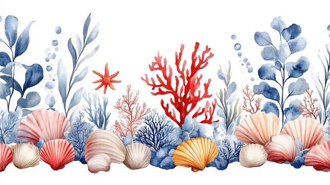 Watercolor seashells, coral, seaweed on white background, ocean theme design